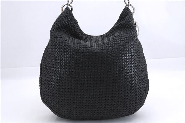 Authentic Christian Dior Mesh Design Chain Shoulder Tote Bag Leather Black 1365E