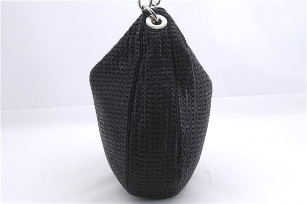 Authentic Christian Dior Mesh Design Chain Shoulder Tote Bag Leather Black 1365E