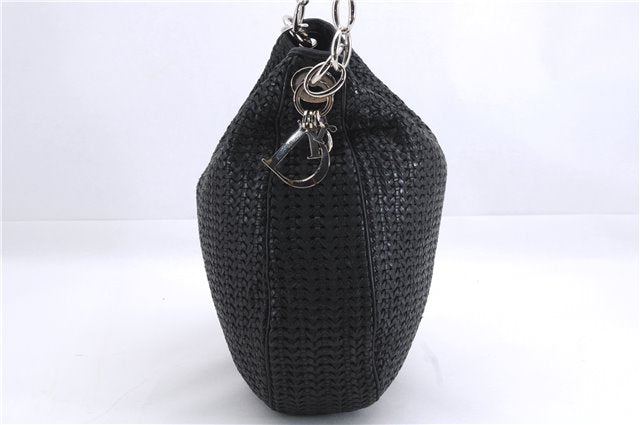 Authentic Christian Dior Mesh Design Chain Shoulder Tote Bag Leather Black 1365E