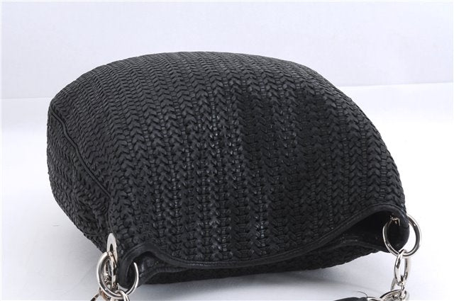 Authentic Christian Dior Mesh Design Chain Shoulder Tote Bag Leather Black 1365E