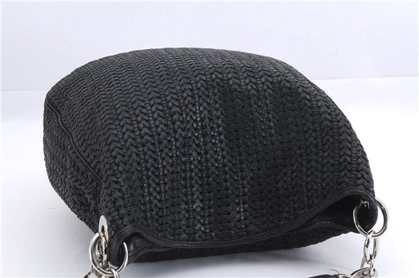 Authentic Christian Dior Mesh Design Chain Shoulder Tote Bag Leather Black 1365E