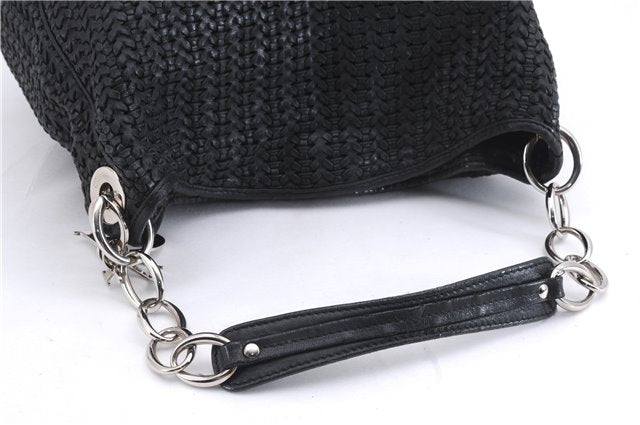 Authentic Christian Dior Mesh Design Chain Shoulder Tote Bag Leather Black 1365E