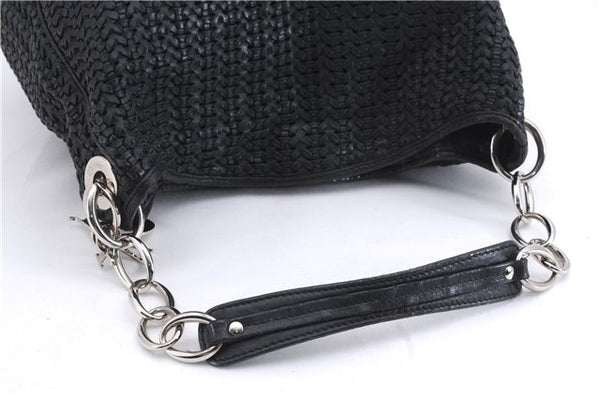 Authentic Christian Dior Mesh Design Chain Shoulder Tote Bag Leather Black 1365E