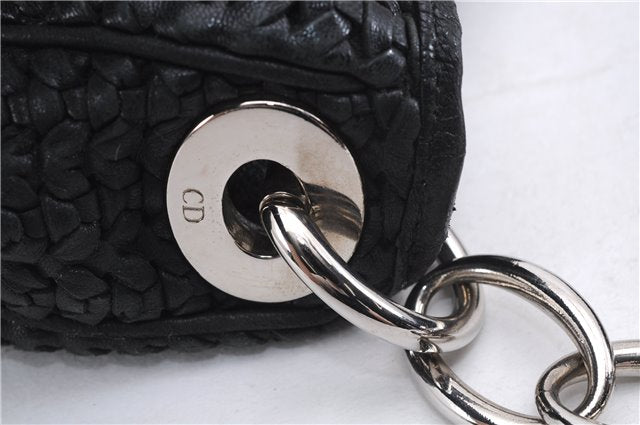 Authentic Christian Dior Mesh Design Chain Shoulder Tote Bag Leather Black 1365E