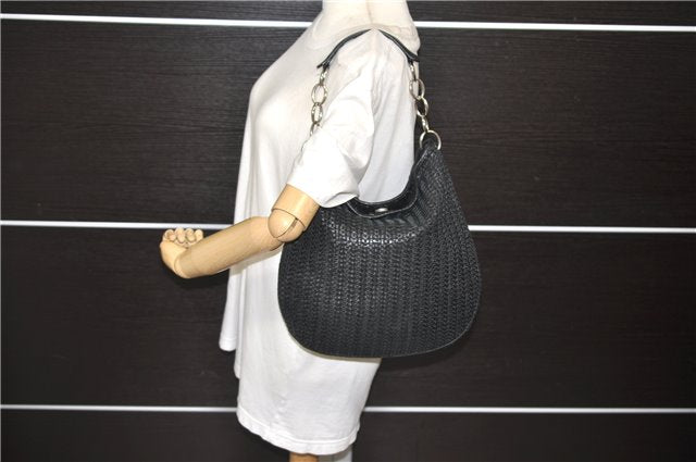 Authentic Christian Dior Mesh Design Chain Shoulder Tote Bag Leather Black 1365E