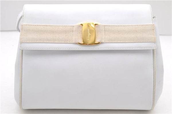 Authentic Ferragamo Vara Shoulder Cross Body Bag Purse Leather White 1366D