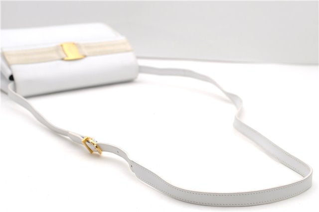 Authentic Ferragamo Vara Shoulder Cross Body Bag Purse Leather White 1366D