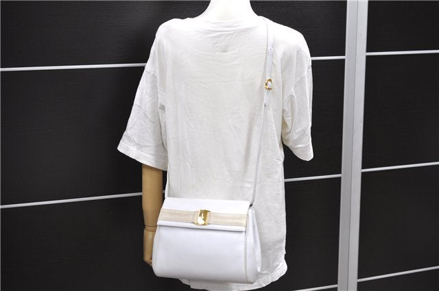 Authentic Ferragamo Vara Shoulder Cross Body Bag Purse Leather White 1366D