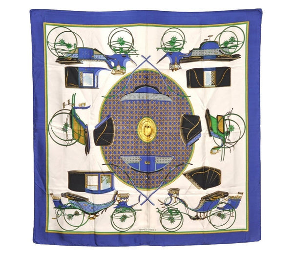 Authentic HERMES Carre 90 Scarf "LES VOITURES A TRANSFORMATION" Silk Blue 1371I