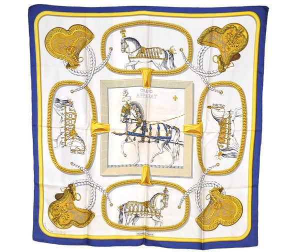 Authentic HERMES Carre 90 Scarf "GRAND APPARAT" Silk Blue 1377I