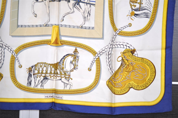 Authentic HERMES Carre 90 Scarf "GRAND APPARAT" Silk Blue 1377I