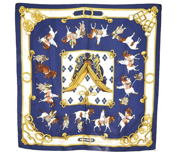 Authentic HERMES Carre 90 Scarf "Equit ion japonaise" Silk Navy 1378I