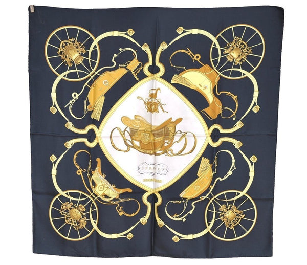 Authentic HERMES Carre 90 Scarf "SPRINGS" Silk Black 1379I