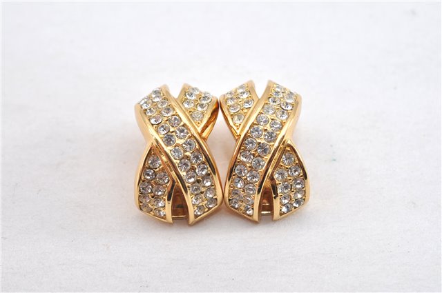 Authentic Christian Dior Rhinestone Clip-On Earrings Gold Plating CD 1380G