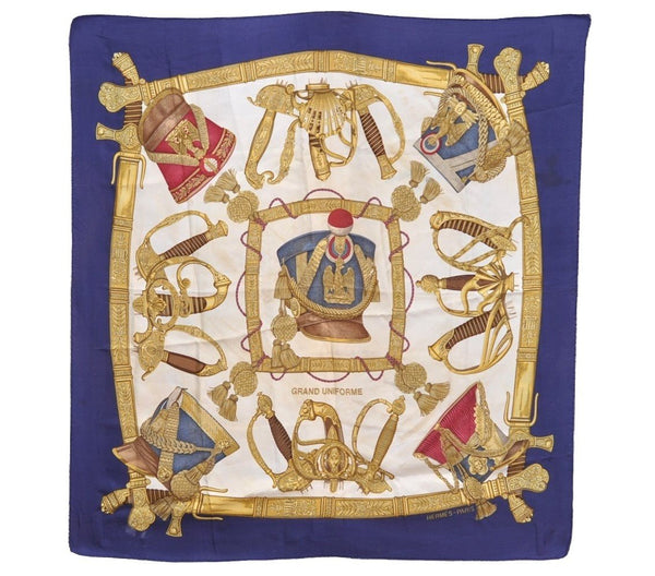 Authentic HERMES Carre 90 Scarf "GRAND UNIFORME" Silk Navy 1380I