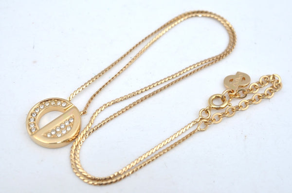 Authentic Christian Dior Gold Tone Rhinestone Chain Pendant Necklace CD 1383G