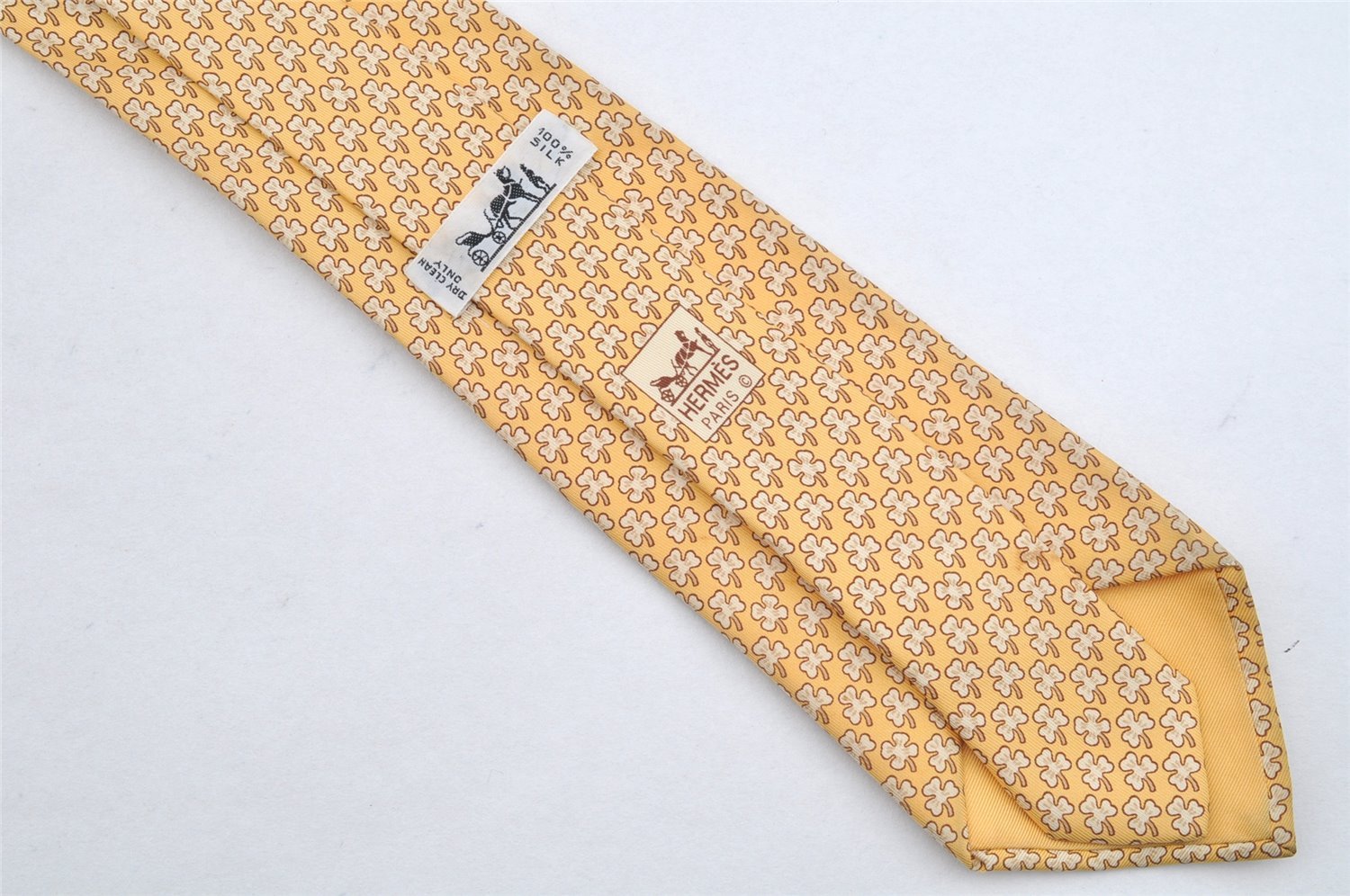 Authentic HERMES Vintage Tie Necktie Clover Pattern Silk 5005EA Yellow 1392I