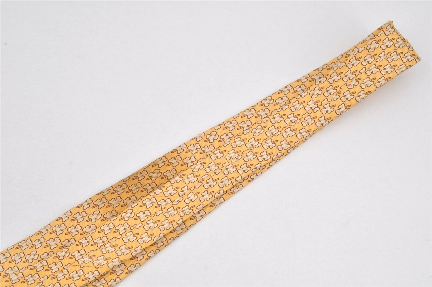 Authentic HERMES Vintage Tie Necktie Clover Pattern Silk 5005EA Yellow 1392I