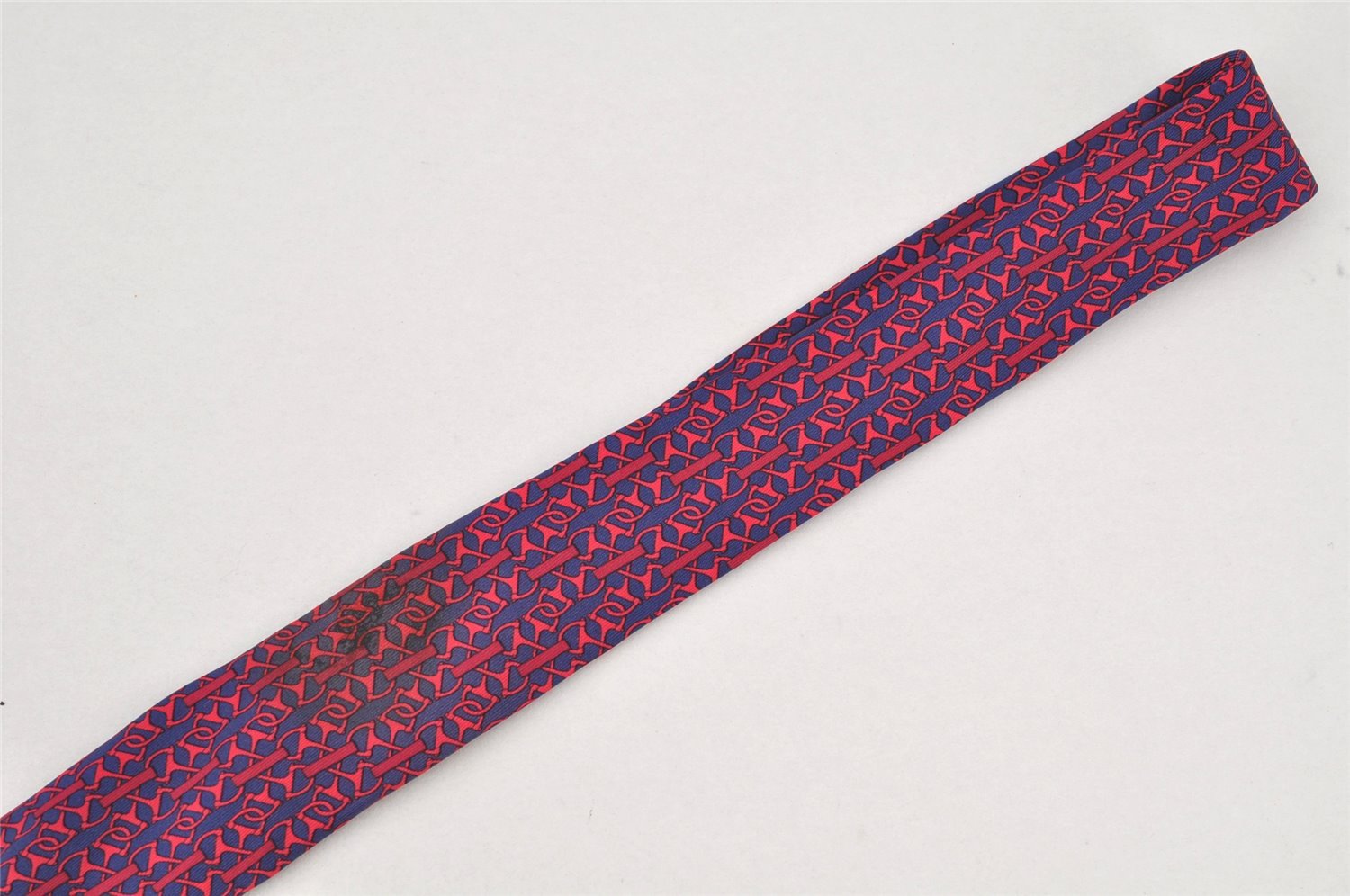 Authentic HERMES Tie Necktie Mors deux Chain Pattern Silk 7192UA Navy Red 1394I