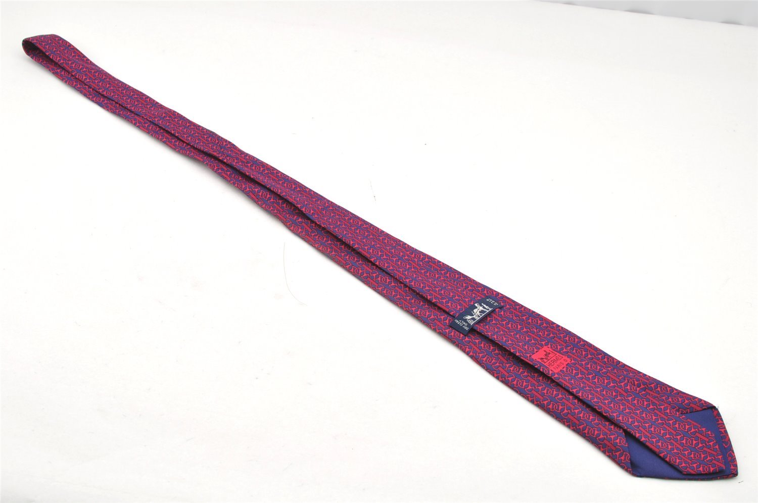 Authentic HERMES Tie Necktie Mors deux Chain Pattern Silk 7192UA Navy Red 1394I