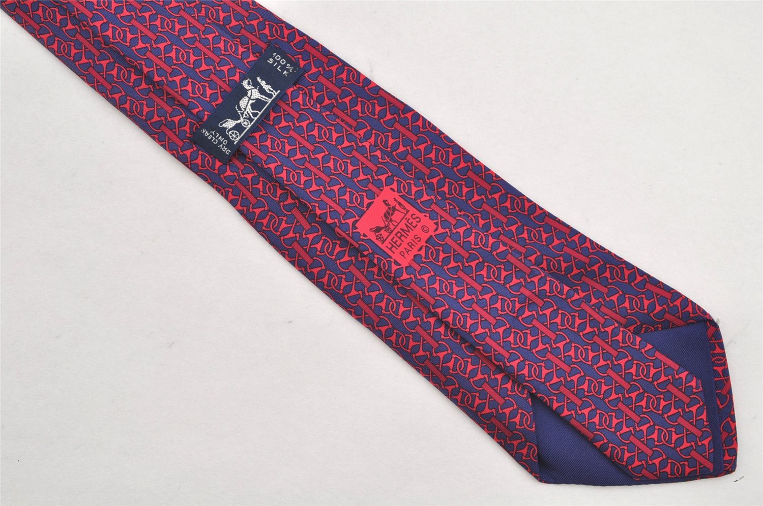 Authentic HERMES Tie Necktie Mors deux Chain Pattern Silk 7192UA Navy Red 1394I