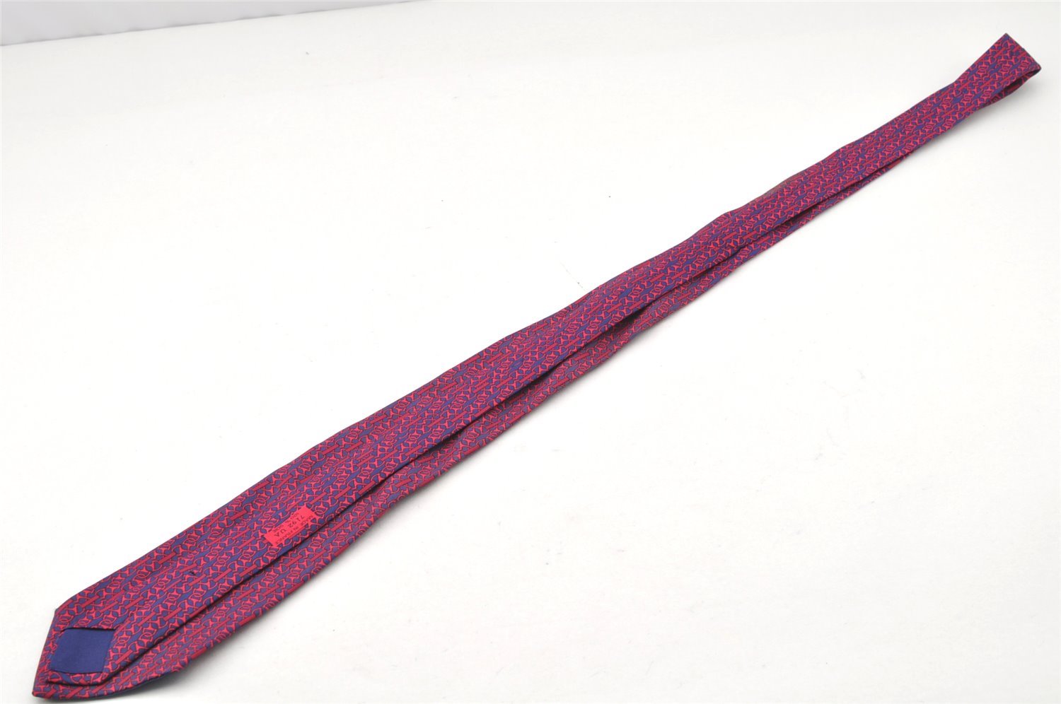 Authentic HERMES Tie Necktie Mors deux Chain Pattern Silk 7192UA Navy Red 1394I