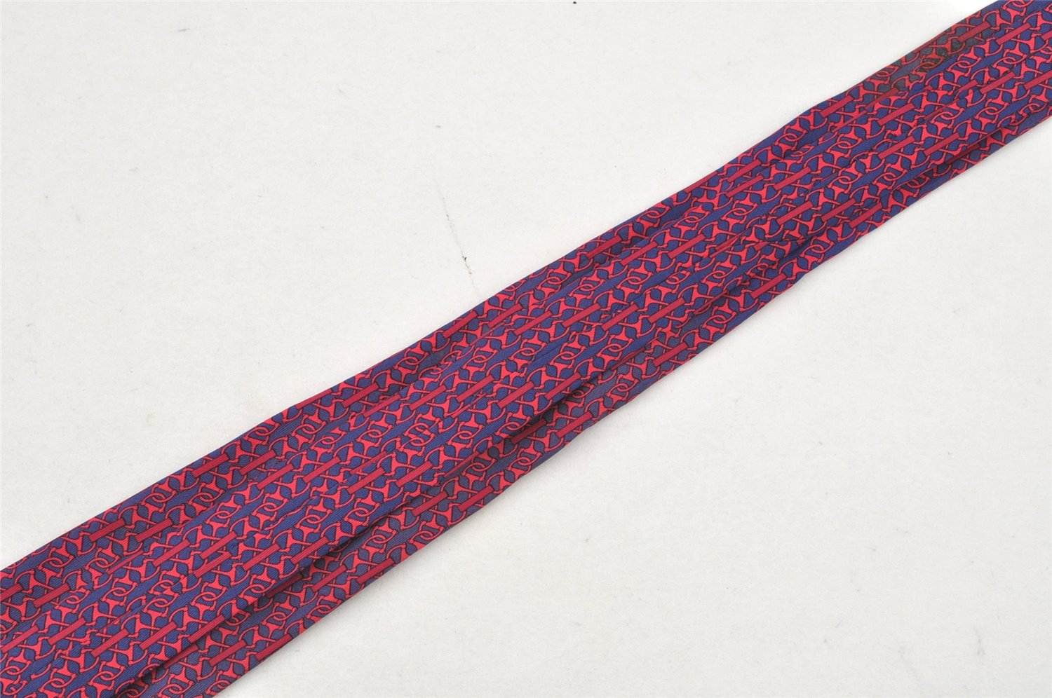 Authentic HERMES Tie Necktie Mors deux Chain Pattern Silk 7192UA Navy Red 1394I
