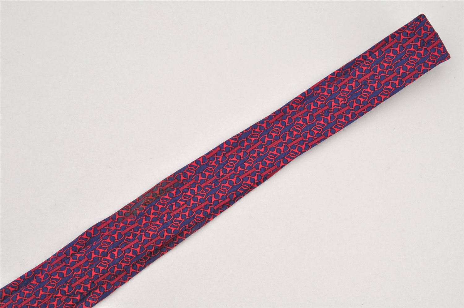 Authentic HERMES Tie Necktie Mors deux Chain Pattern Silk 7192UA Navy Red 1394I