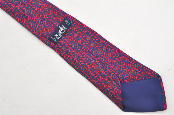 Authentic HERMES Tie Necktie Mors deux Chain Pattern Silk 7192UA Navy Red 1394I