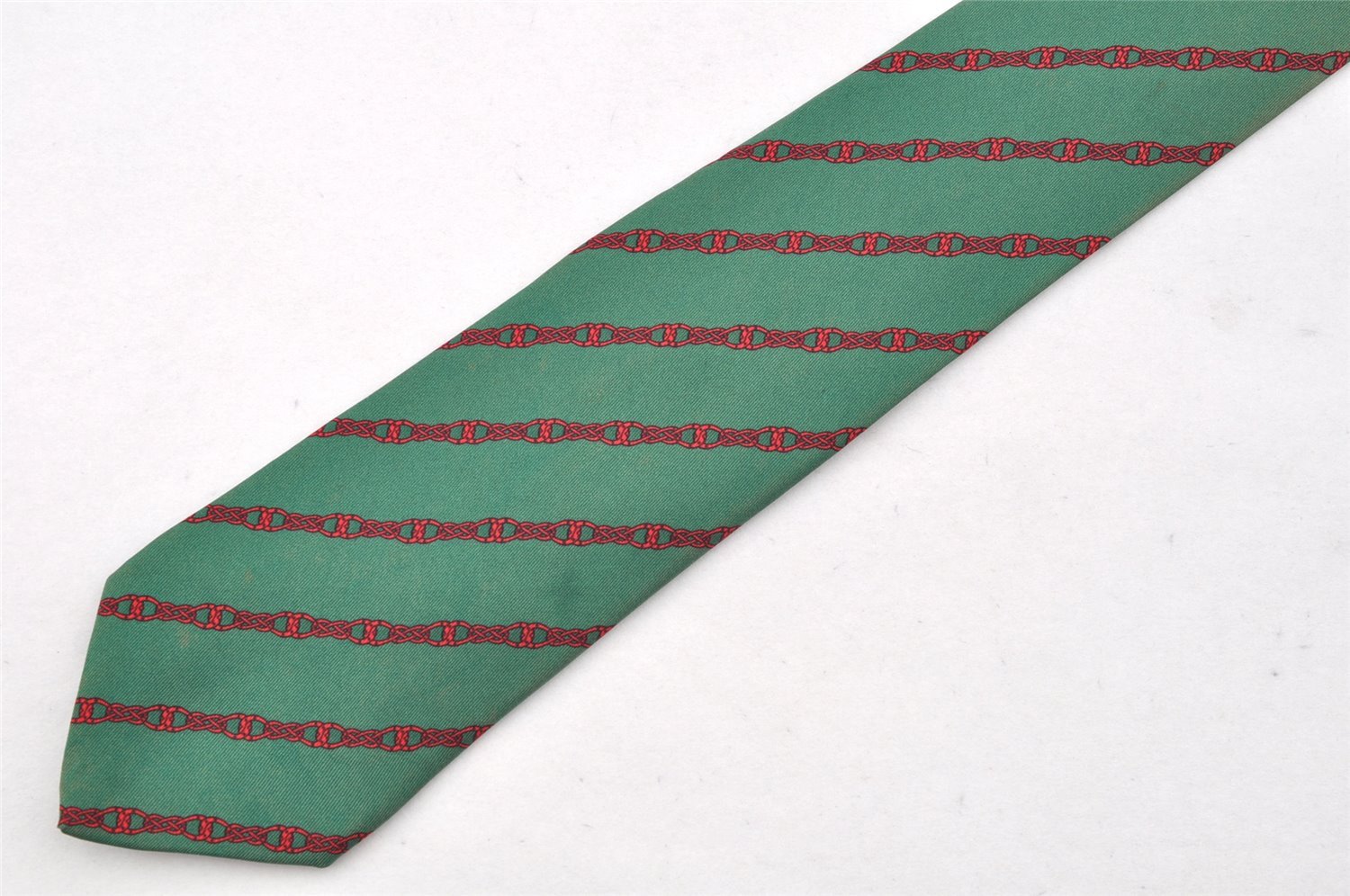 Authentic HERMES Vintage Tie Necktie Chain Pattern Silk 7129FA Green 1395I