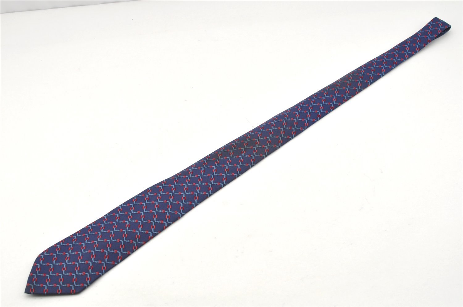 Authentic HERMES Vintage Tie Necktie Belt Pattern Silk 988SA Navy Blue 1397I