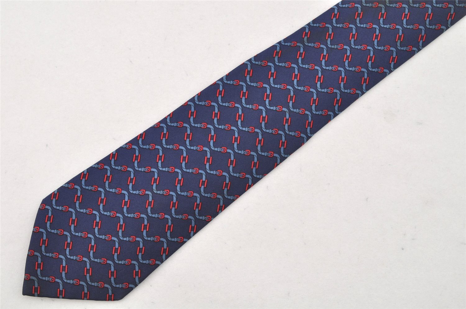 Authentic HERMES Vintage Tie Necktie Belt Pattern Silk 988SA Navy Blue 1397I