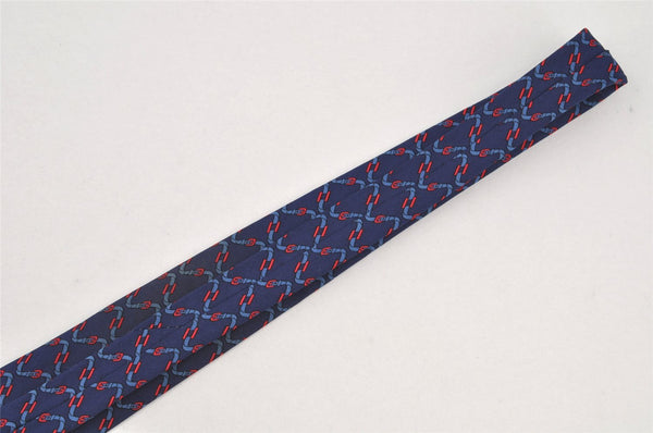 Authentic HERMES Vintage Tie Necktie Belt Pattern Silk 988SA Navy Blue 1397I