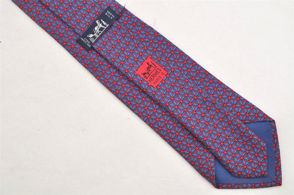 Authentic HERMES Tie Necktie Geometrical Pattern Silk 7081OA Blue Red 1398I