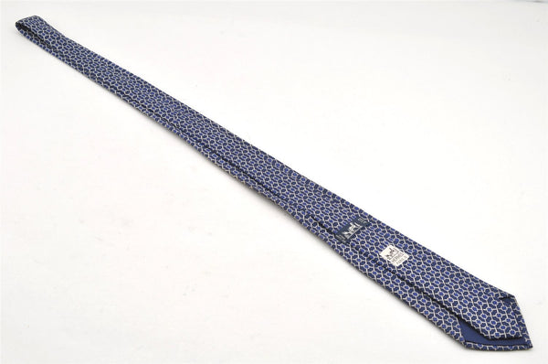 Authentic HERMES Vintage Tie Necktie Chain Pattern Silk 990SA Navy Blue 1399I