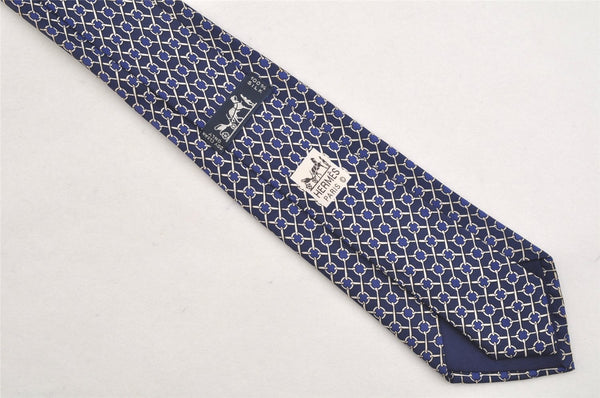 Authentic HERMES Vintage Tie Necktie Chain Pattern Silk 990SA Navy Blue 1399I