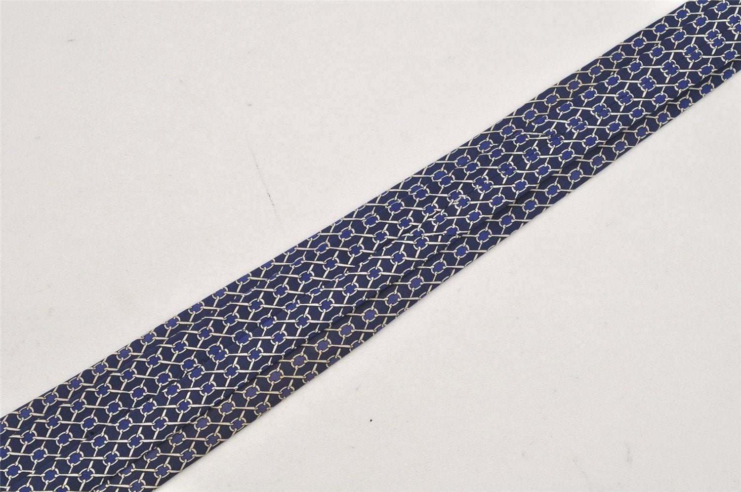 Authentic HERMES Vintage Tie Necktie Chain Pattern Silk 990SA Navy Blue 1399I