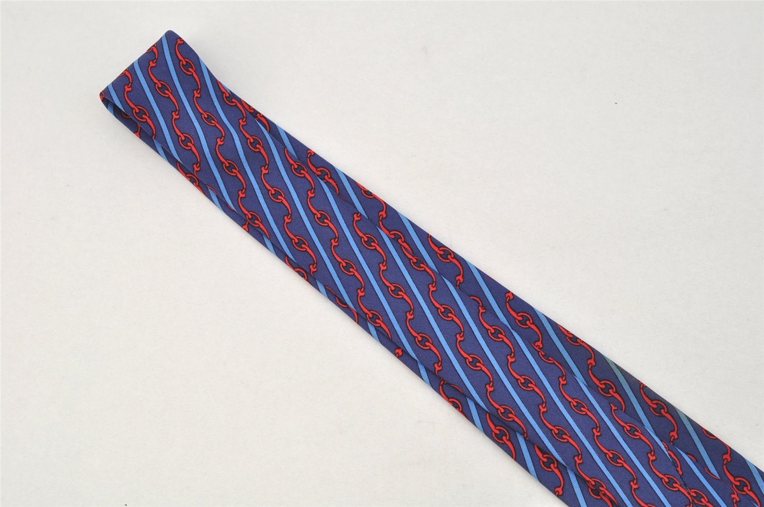 Authentic HERMES Vintage Tie Necktie Chain Pattern Silk 999SA Navy Blue 1400I