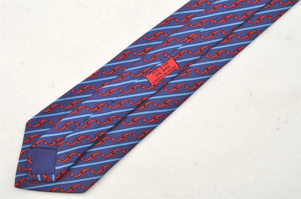 Authentic HERMES Vintage Tie Necktie Chain Pattern Silk 999SA Navy Blue 1400I