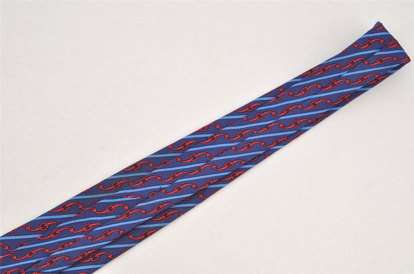 Authentic HERMES Vintage Tie Necktie Chain Pattern Silk 999SA Navy Blue 1400I