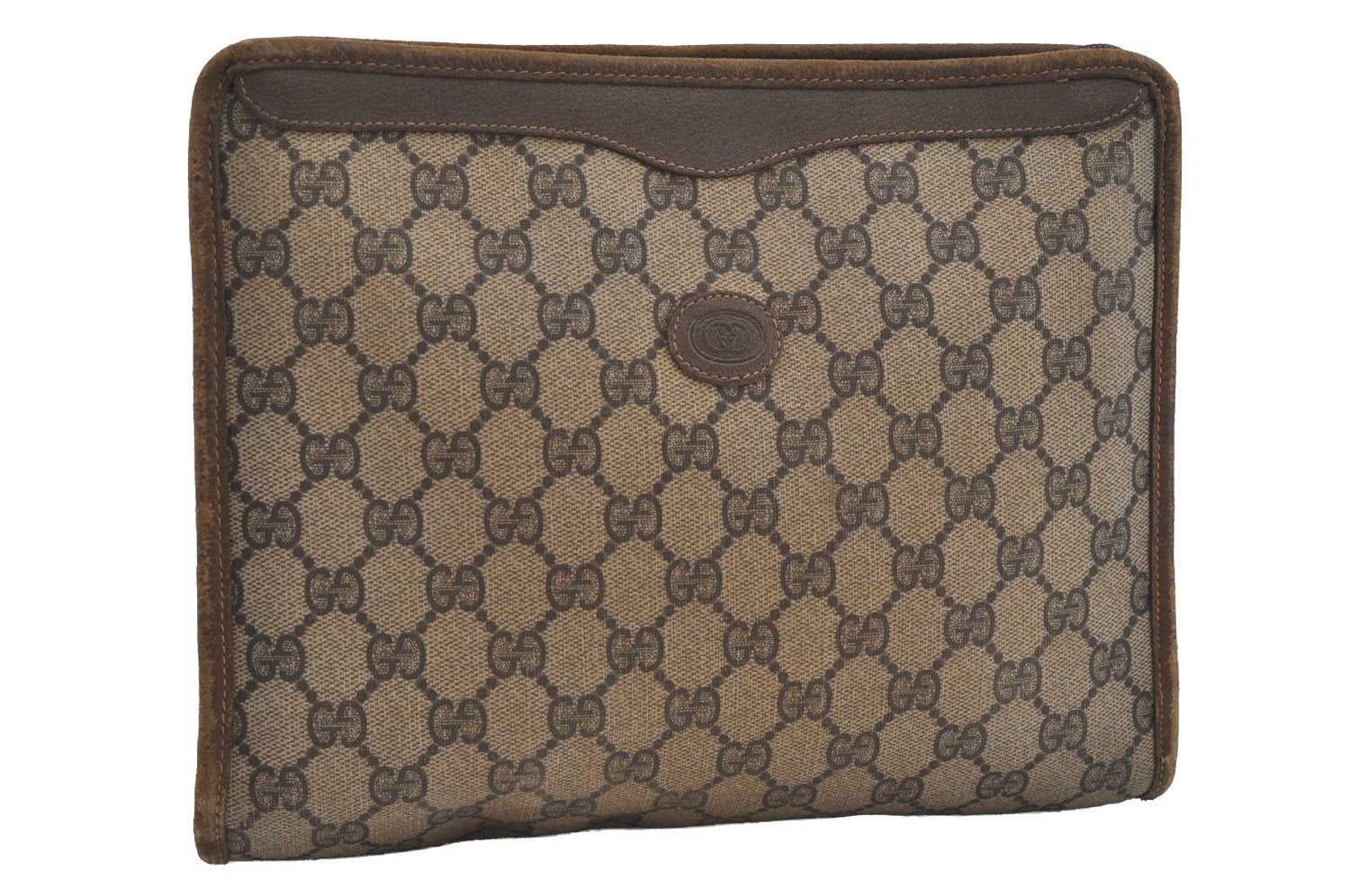 Authentic GUCCI Vintage Clutch Hand Bag Purse GG PVC Leather Brown 1404I
