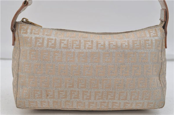 Authentic FENDI Zucchino Shoulder Bag Purse Canvas Leather Silver Beige 1405E