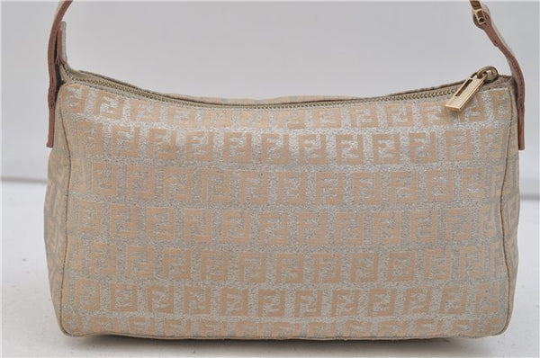 Authentic FENDI Zucchino Shoulder Bag Purse Canvas Leather Silver Beige 1405E