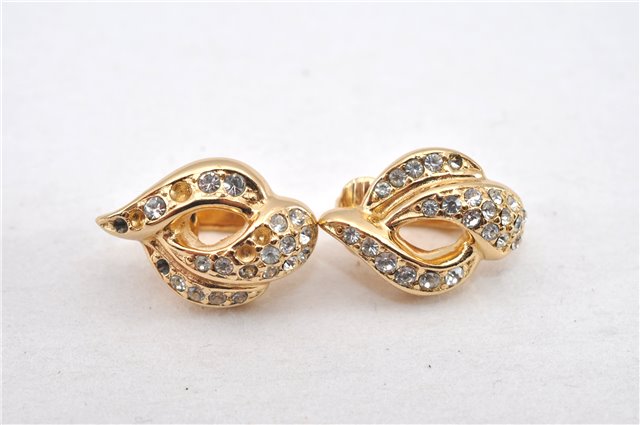 Authentic Christian Dior Rhinestone Clip-On Earrings Gold Plating CD 1405G