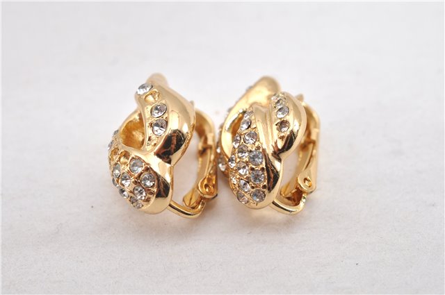 Authentic Christian Dior Rhinestone Clip-On Earrings Gold Plating CD 1405G