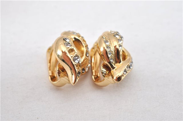 Authentic Christian Dior Rhinestone Clip-On Earrings Gold Plating CD 1405G