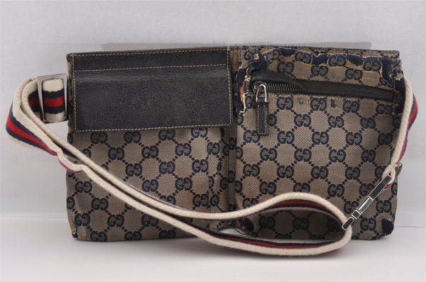 Authentic GUCCI Sherry Line Waist Body Bag GG Canvas Leather 28566 Navy 1408I