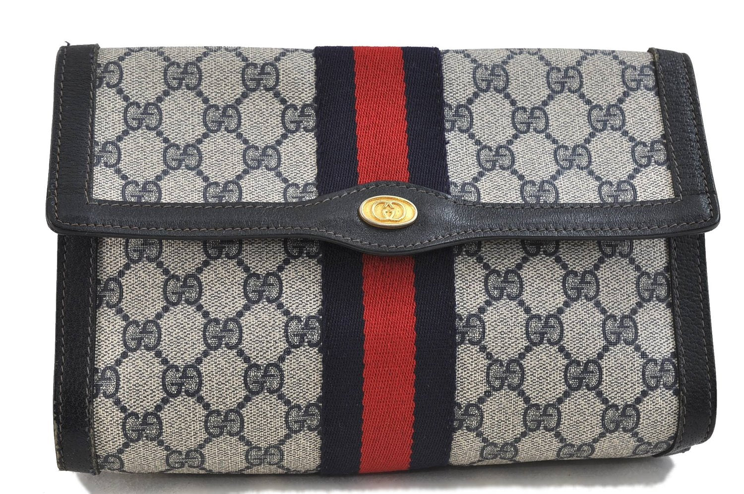 Authentic GUCCI Sherry Line Clutch Hand Bag Purse GG PVC Leather Navy Junk 1411D