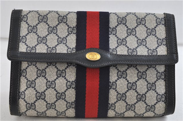 Authentic GUCCI Sherry Line Clutch Hand Bag Purse GG PVC Leather Navy Junk 1411D