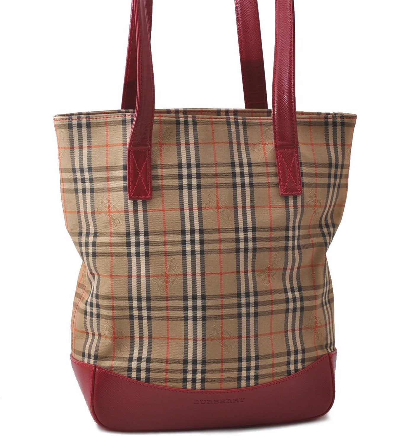Authentic BURBERRY Nova Check Canvas Leather Shoulder Tote Bag Beige Red 1412D
